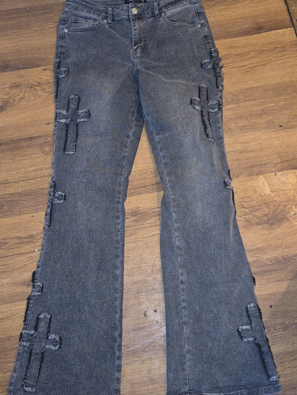Ashley Mason Black Distressed Cross Flare Jeans Size 5/27